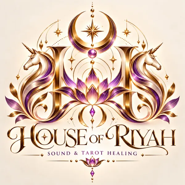House of Riyah logo: golden H monogram flanked by unicorns and celestial lotus with House of Riyah Sound & Tarot Healing